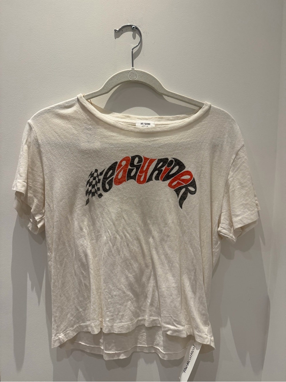 Re/Done Cream Crewneck Tee with Black Logo Tag